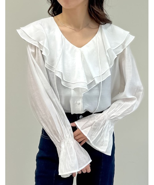 Re:EDIT(リエディ)の「キャンディスリーブラッフルシアーブラウス(シャツ/ブラウス・レディース・ベージュ/ホワイト/ブルー/ブラック/オリーブ/ピンク・LARGE/MEDIUM)」の10枚目の写真