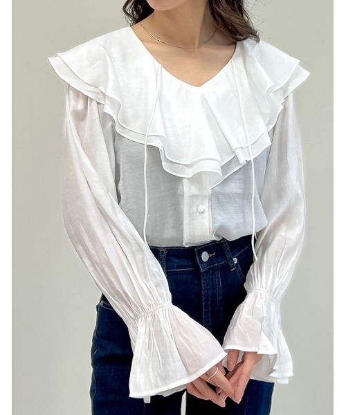 Re:EDIT(リエディ)の「キャンディスリーブラッフルシアーブラウス(シャツ/ブラウス・レディース・ベージュ/ホワイト/ブルー/ブラック/オリーブ/ピンク・LARGE/MEDIUM)」の14枚目の写真