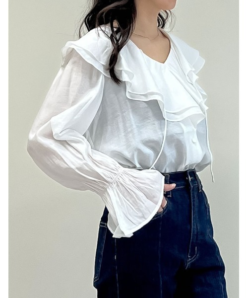 Re:EDIT(リエディ)の「キャンディスリーブラッフルシアーブラウス(シャツ/ブラウス・レディース・ベージュ/ホワイト/ブルー/ブラック/オリーブ/ピンク・LARGE/MEDIUM)」の12枚目の写真