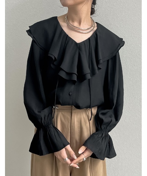 Re:EDIT(リエディ)の「キャンディスリーブラッフルシアーブラウス(シャツ/ブラウス・レディース・ベージュ/ホワイト/ブルー/ブラック/オリーブ/ピンク・LARGE/MEDIUM)」の15枚目の写真