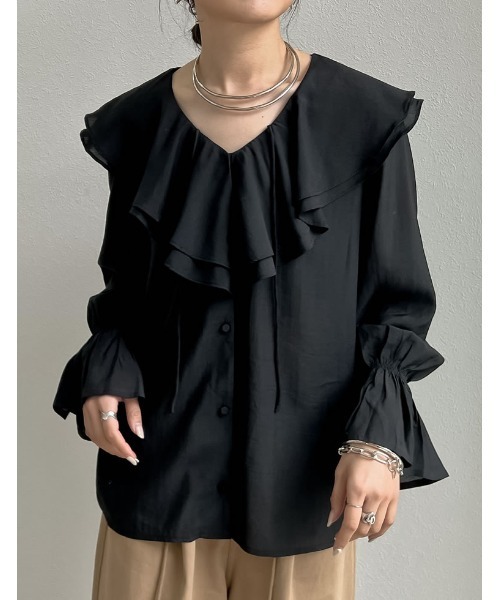 Re:EDIT(リエディ)の「キャンディスリーブラッフルシアーブラウス(シャツ/ブラウス・レディース・ベージュ/ホワイト/ブルー/ブラック/オリーブ/ピンク・LARGE/MEDIUM)」の17枚目の写真