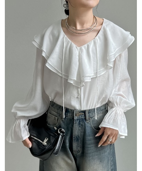 Re:EDIT(リエディ)の「キャンディスリーブラッフルシアーブラウス(シャツ/ブラウス・レディース・ベージュ/ホワイト/ブルー/ブラック/オリーブ/ピンク・LARGE/MEDIUM)」の22枚目の写真