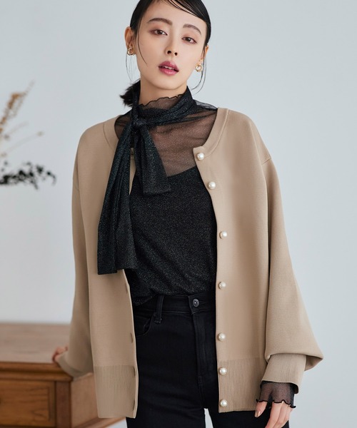 洗える ストレッチ ｜ 肌見せデザイン ラメチュール シアートップス