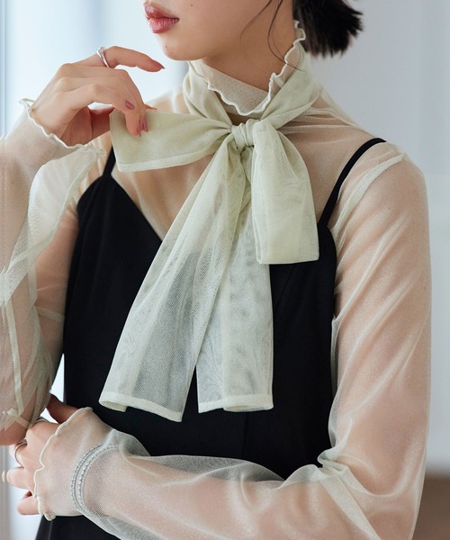 洗える ストレッチ ｜ 肌見せデザイン ラメチュール シアートップス