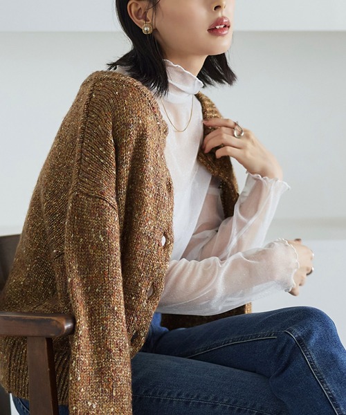 洗える ストレッチ ｜ 肌見せデザイン ラメチュール シアートップス