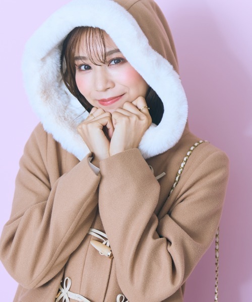 RINEN♡大人可愛いシンプルフード付きコート 大きいサイズ＞ フェイクファーフードダッフルコート marun（ダッフル
