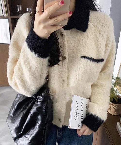 ハートポッケドットファー襟付ニットカーディガン フェイクファーティ