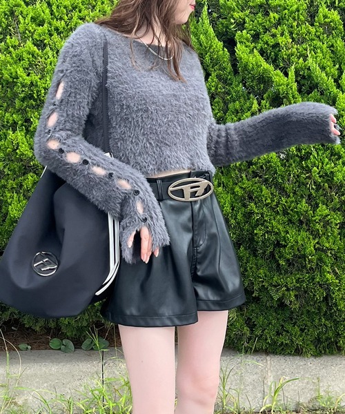 non-hedge（ノンヘッジ）の「シャギースリーブボタンショート丈ニットトップス（ニット/セーター・レディース・ベージュ/チャコールグレー/オフホワイト/ブラック・FREE）」の7枚目の写真