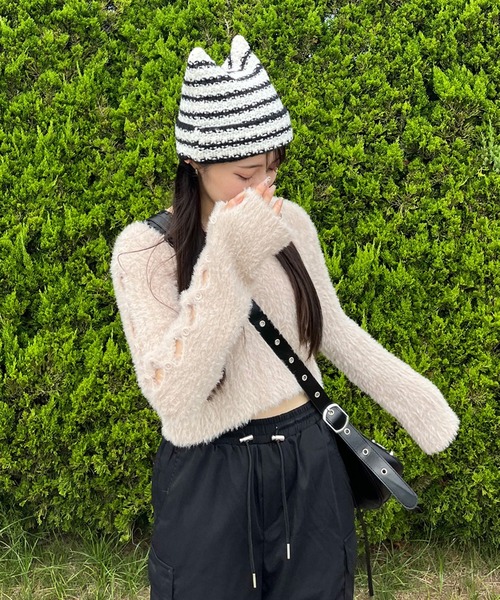 non-hedge（ノンヘッジ）の「シャギースリーブボタンショート丈ニットトップス（ニット/セーター・レディース・ベージュ/チャコールグレー/オフホワイト/ブラック・FREE）」の10枚目の写真