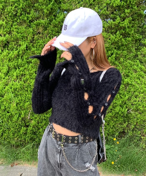 non-hedge（ノンヘッジ）の「シャギースリーブボタンショート丈ニットトップス（ニット/セーター・レディース・ベージュ/チャコールグレー/オフホワイト/ブラック・FREE）」の14枚目の写真