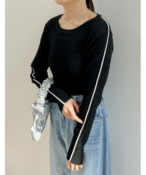 Re:EDIT（リエディ）の「[2024SS COLLECTION]配色ラインクルーネックリブニットトップス（ニット/セーター・レディース・グレー系その他/ホワイト系その他/ブラック系その他・LARGE/MEDIUM）」の18枚目の写真