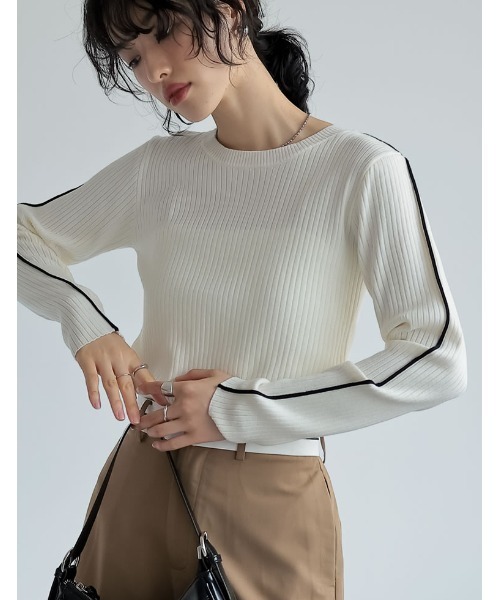 Re:EDIT（リエディ）の「[2024SS COLLECTION]配色ラインクルーネックリブニットトップス（ニット/セーター・レディース・グレー系その他/ホワイト系その他/ブラック系その他・LARGE/MEDIUM）」の10枚目の写真
