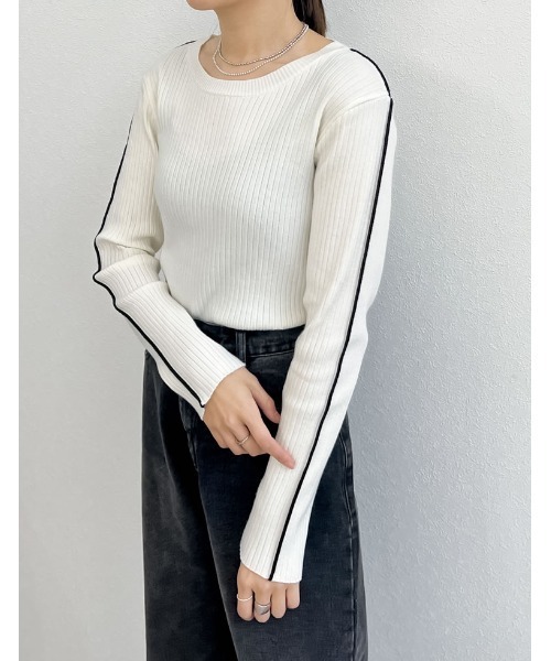 Re:EDIT（リエディ）の「[2024SS COLLECTION]配色ラインクルーネックリブニットトップス（ニット/セーター・レディース・グレー系その他/ホワイト系その他/ブラック系その他・LARGE/MEDIUM）」の11枚目の写真