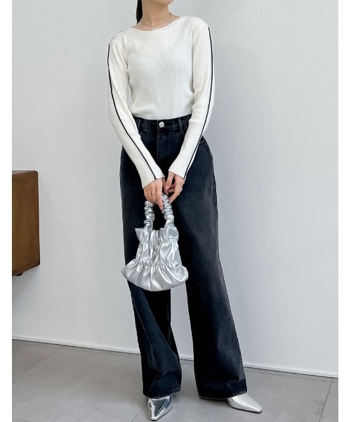 Re:EDIT（リエディ）の「[2024SS COLLECTION]配色ラインクルーネックリブニットトップス（ニット/セーター・レディース・グレー系その他/ホワイト系その他/ブラック系その他・LARGE/MEDIUM）」の12枚目の写真