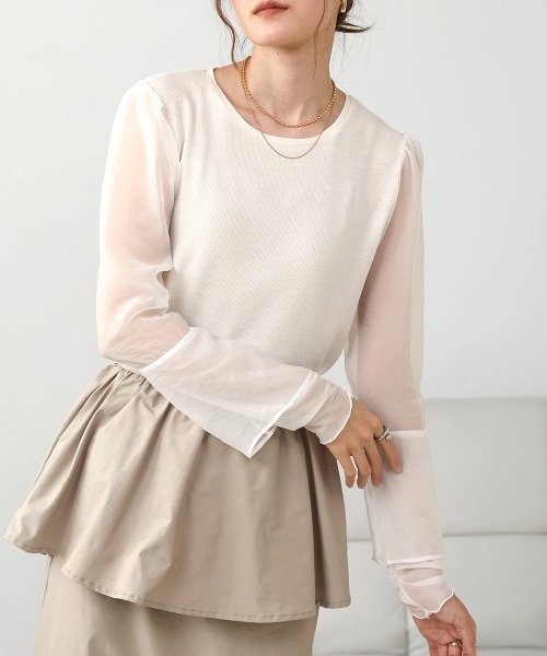 Bab(バブ)の「シアードッキングラメカットソー(Tシャツ/カットソー・レディース・ベージュ/チャコールグレー/オフホワイト・FREE)」の1枚目の写真