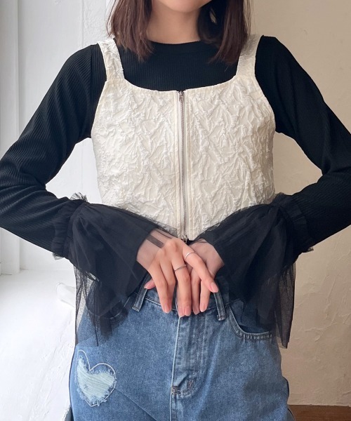 Rejoule(リジュール)の「チュールフレアスリーブリブトップス(Tシャツ/カットソー・レディース・ブラック/アイボリー/グレー・FREE)」の3枚目の写真