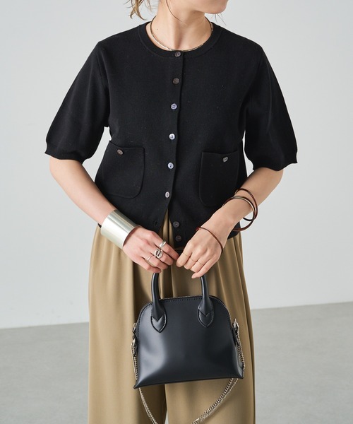 Omekashi（オメカシ）の「半袖強撚スウェットライク ポケットカーディガン（カーディガン/ボレロ・レディース・ブラック/オフホワイト/グリーン/ピンク/ベージュ/ネイビー・FREE）」の3枚目の写真