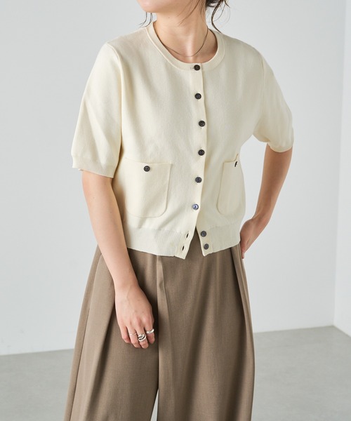 Omekashi（オメカシ）の「半袖強撚スウェットライク ポケットカーディガン（カーディガン/ボレロ・レディース・ブラック/オフホワイト/グリーン/ピンク/ベージュ/ネイビー・FREE）」の8枚目の写真