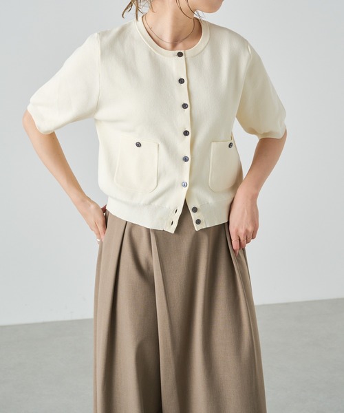 Omekashi（オメカシ）の「半袖強撚スウェットライク ポケットカーディガン（カーディガン/ボレロ・レディース・ブラック/オフホワイト/グリーン/ピンク/ベージュ/ネイビー・FREE）」の9枚目の写真