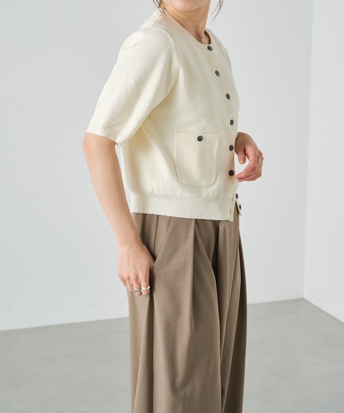 Omekashi（オメカシ）の「半袖強撚スウェットライク ポケットカーディガン（カーディガン/ボレロ・レディース・ブラック/オフホワイト/グリーン/ピンク/ベージュ/ネイビー・FREE）」の10枚目の写真