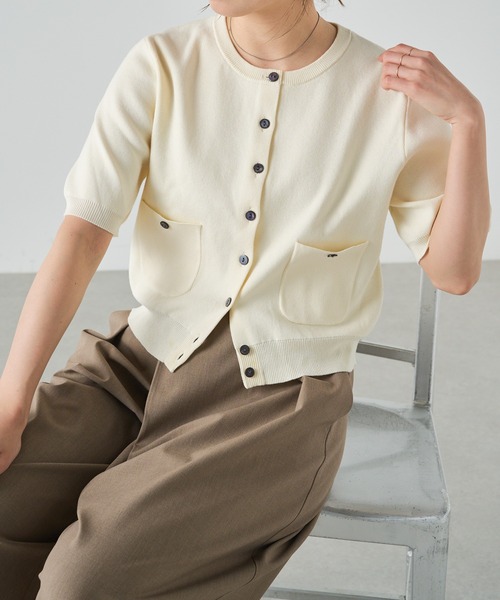 Omekashi（オメカシ）の「半袖強撚スウェットライク ポケットカーディガン（カーディガン/ボレロ・レディース・ブラック/オフホワイト/グリーン/ピンク/ベージュ/ネイビー・FREE）」の12枚目の写真