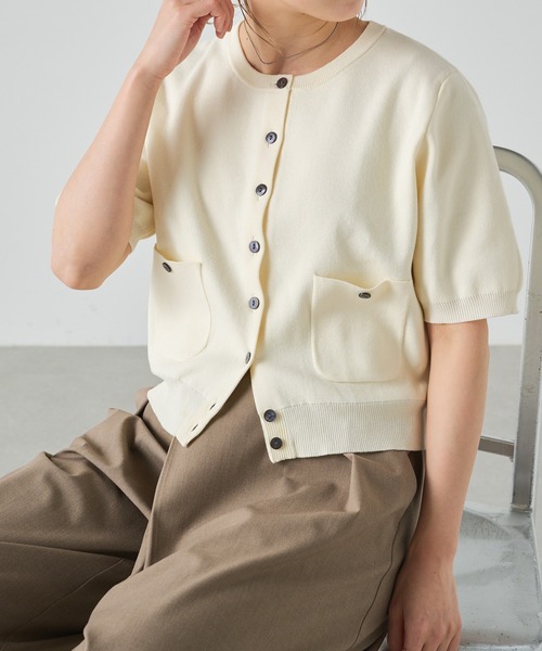 Omekashi（オメカシ）の「半袖強撚スウェットライク ポケットカーディガン（カーディガン/ボレロ・レディース・ブラック/オフホワイト/グリーン/ピンク/ベージュ/ネイビー・FREE）」の13枚目の写真