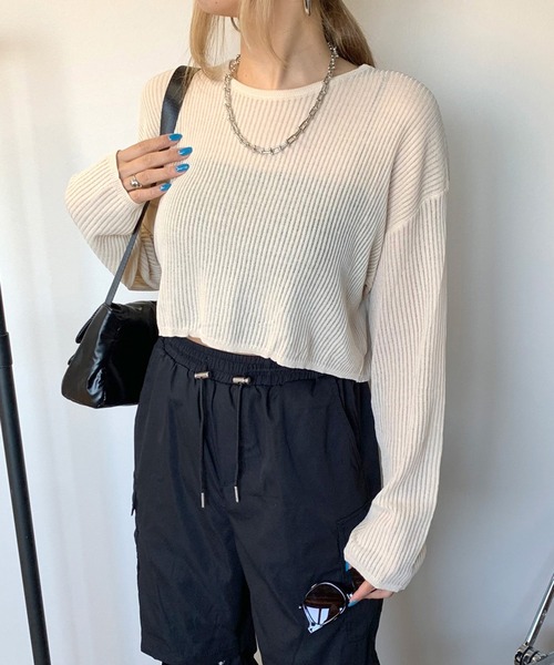 non-hedge(ノンヘッジ)の「透かし編みショート丈ニットトップス(ニット/セーター・レディース・ブラック/ベージュ/オフホワイト・FREE)」の3枚目の写真