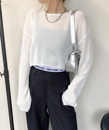 透かし編みショート丈ニットトップス