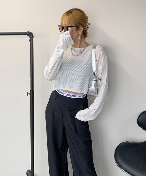 non-hedge(ノンヘッジ)の「透かし編みショート丈ニットトップス(ニット/セーター・レディース・ブラック/ベージュ/オフホワイト・FREE)」の5枚目の写真