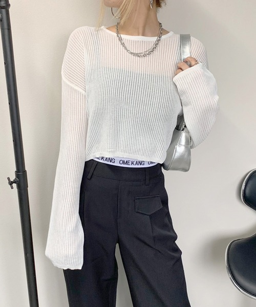 non-hedge(ノンヘッジ)の「透かし編みショート丈ニットトップス(ニット/セーター・レディース・ブラック/ベージュ/オフホワイト・FREE)」の4枚目の写真