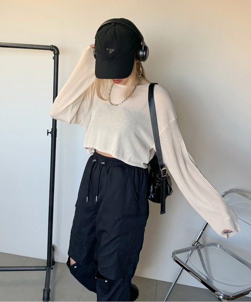 non-hedge(ノンヘッジ)の「透かし編みショート丈ニットトップス(ニット/セーター・レディース・ブラック/ベージュ/オフホワイト・FREE)」の22枚目の写真