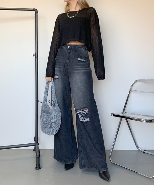 non-hedge(ノンヘッジ)の「透かし編みショート丈ニットトップス(ニット/セーター・レディース・ブラック/ベージュ/オフホワイト・FREE)」の19枚目の写真