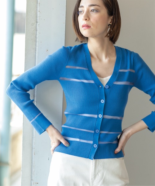 OPAQUE.CLIP（オペークドットクリップ）の「◆≪エマール検証済≫シアーボーダーVネックリブニットカーディガン【洗濯機洗い可】（カーディガン/ボレロ・レディース・ブラック/ブルー/オフホワイト/ライトグレー・42/40/38）」の22枚目の写真