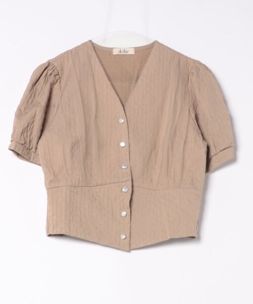 Achic(アシック)の「Vネッククロップドパフ半袖Tシャツ(シャツ/ブラウス・レディース・ピンク/グリーン/ブラック/ブラウン系その他/アイボリー/ホワイト・M)」の5枚目の写真