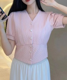 Vネッククロップドパフ半袖Tシャツ