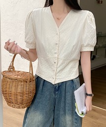 Vネッククロップドパフ半袖Tシャツ