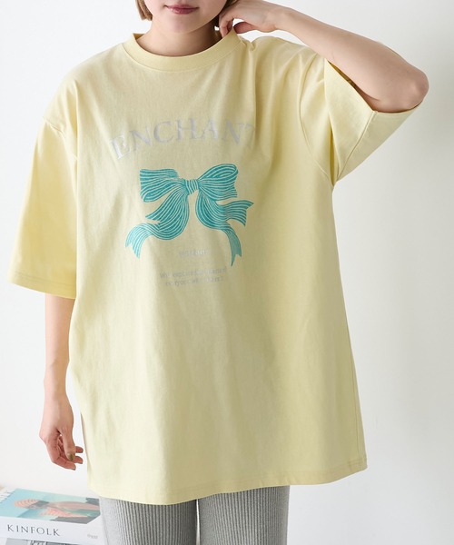 forksy.】オーバーサイズリボン箔プリントデザインTシャツ