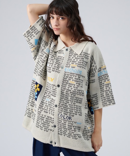 ONCILY（オンシェリー）の「NEWSPAPER PATTERN KNIT SHIRT CARDIGAN / ニュースペーパーニットシャツカーディガン（シャツ/ブラウス・メンズ・アイボリー/ネイビー・SMALL/MEDIUM/LARGE）」の10枚目の写真
