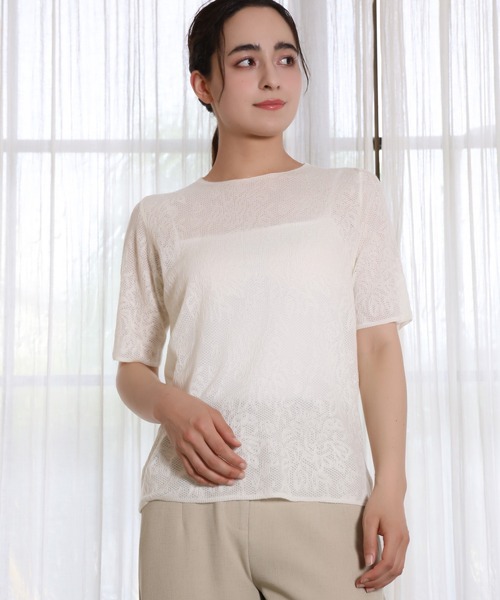 ホワイト 花柄 レース 半袖Tシャツ セール】【DECADE CLASSIC】花柄レース 半袖トップス (SS)（Tシャツ