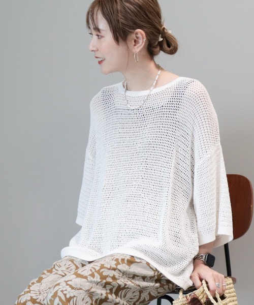 セール】透かし編み半袖ニットプルオーバー（ニット/セーター