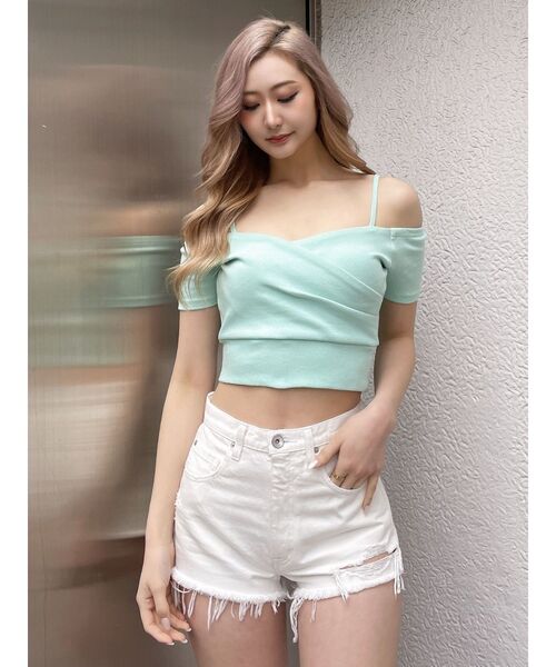 即日発送！GYDA ハーフスリーブカシュクールオフショルショートTOPS WH SALE】GYDA ハーフスリーブカシュクールオフショルショート