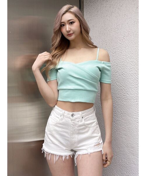 GYDA（ジェイダ）の「ハーフスリーブカシュクールオフショルショートトップス（Tシャツ/カットソー・レディース・オフホワイト/レッド/ブラック・FREE）」の19枚目の写真