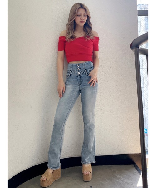 即日発送！GYDA ハーフスリーブカシュクールオフショルショート