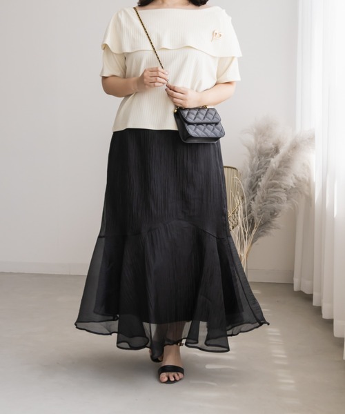 CLETTE（クレット）の「アシメ切替シアーフレアスカート（スカート・レディース・ピンク/モカ/ブラック・LL/3L/4L）」の4枚目の写真