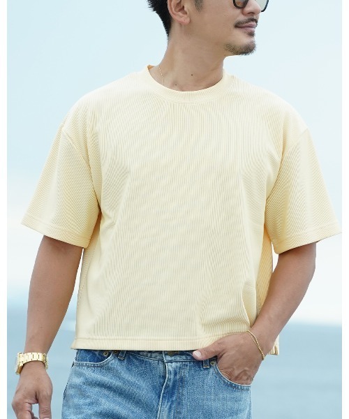 #Re:room(リルーム)の「プリーツショートレングスビッグTシャツ(Tシャツ/カットソー・メンズ・ブラック/カーキ/ネイビー/イエロー・S-M/M-L)」の1枚目の写真