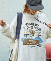 ヴィンテージライク フィッシュ グラフィックプリント オーバーサイズ 長袖Tシャツホワイト系1
