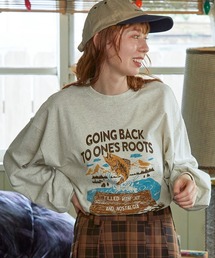 ヴィンテージライク フィッシュ グラフィックプリント オーバーサイズ 長袖Tシャツオートミール