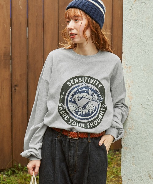 MONO-MART LADY'S(モノマートレディース)の「ヴィンテージライク フィッシュ グラフィックプリント オーバーサイズ 長袖Tシャツ(Tシャツ/カットソー・レディース・杢グレー/ホワイト系/ホワイト系1/オートミール・FREE)」の17枚目の写真