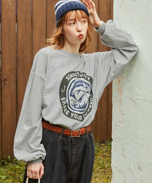 MONO-MART LADY'S(モノマートレディース)の「ヴィンテージライク フィッシュ グラフィックプリント オーバーサイズ 長袖Tシャツ(Tシャツ/カットソー・レディース・杢グレー/ホワイト系/ホワイト系1/オートミール・FREE)」の18枚目の写真