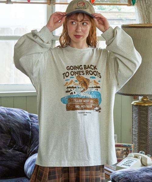 MONO-MART LADY'S(モノマートレディース)の「ヴィンテージライク フィッシュ グラフィックプリント オーバーサイズ 長袖Tシャツ(Tシャツ/カットソー・レディース・杢グレー/ホワイト系/ホワイト系1/オートミール・FREE)」の8枚目の写真